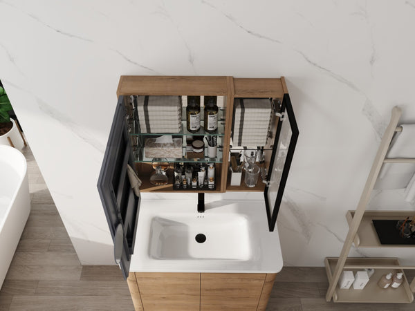 English Elm 29.63 Inch Wall Mounted Bathroom Mirror Cabinet with Adjustable Shelves and Plywood Core W999S00542