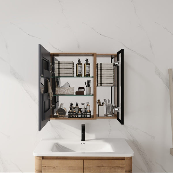 English Elm 29.63 Inch Wall Mounted Bathroom Mirror Cabinet with Adjustable Shelves and Plywood Core W999S00542