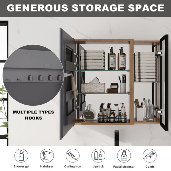 English Elm 29.63 Inch Wall Mounted Bathroom Mirror Cabinet with Adjustable Shelves and Plywood Core W999S00542