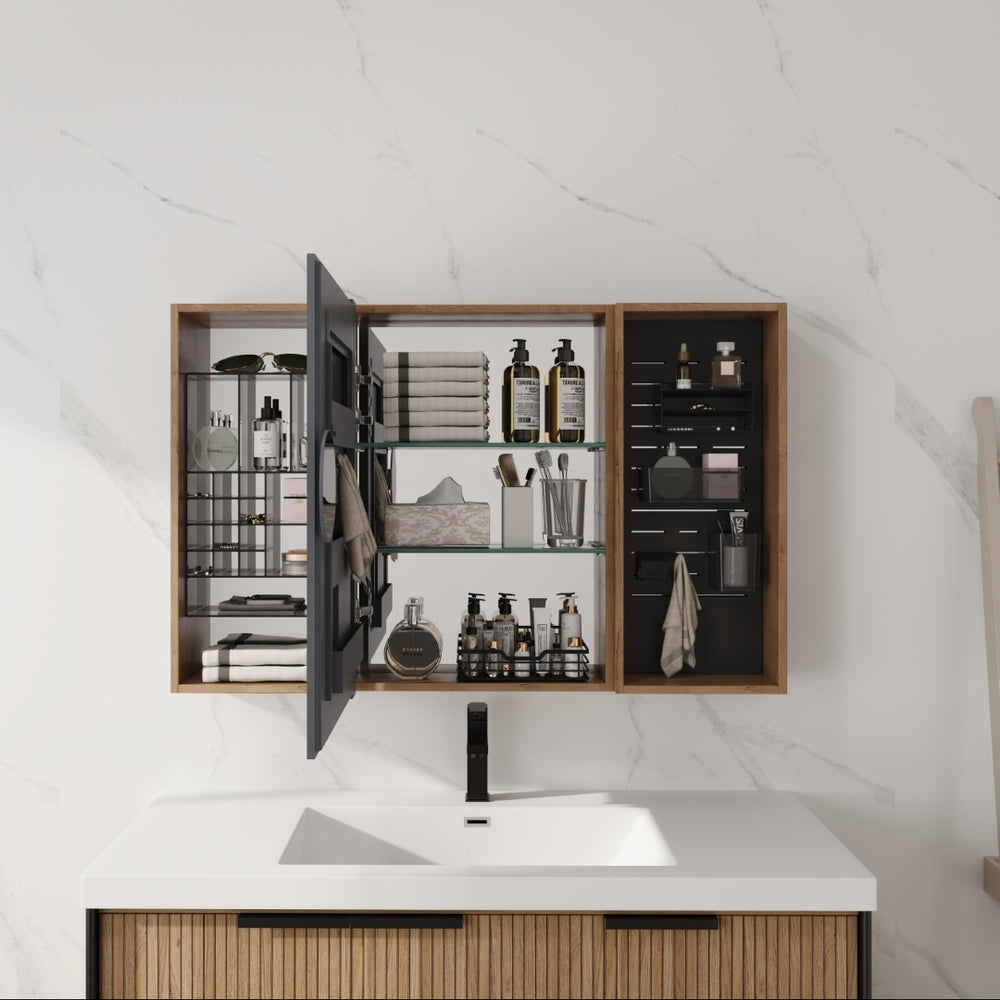 English Elm 43.7 Inch Wall Mounted Bathroom Mirror Cabinet with Plywood Body and Built in Organizer W999S00543