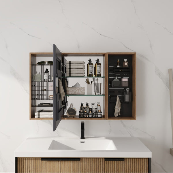 English Elm 43.7 Inch Wall Mounted Bathroom Mirror Cabinet with Plywood Body and Built in Organizer W999S00543