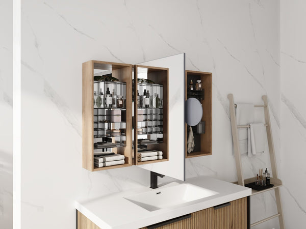 English Elm 43.7 Inch Wall Mounted Bathroom Mirror Cabinet with Plywood Body and Built in Organizer W999S00543