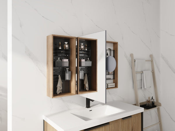 English Elm 43.7 Inch Wall Mounted Bathroom Mirror Cabinet with Plywood Body and Built in Organizer W999S00543