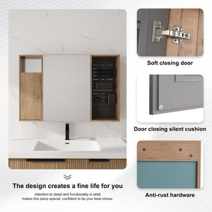 English Elm 41.7 Inch Wall Mounted Bathroom Mirror Cabinet with Soft Close Doors and Plywood Storage Soft Close Door with Accessories W999S00544