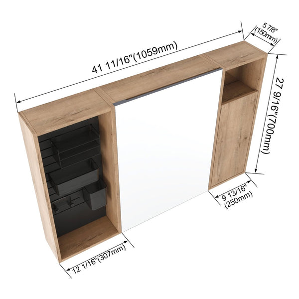English Elm 41.7 Inch Wall Mounted Bathroom Mirror Cabinet with Soft Close Doors and Plywood Storage Soft Close Door with Accessories W999S00544