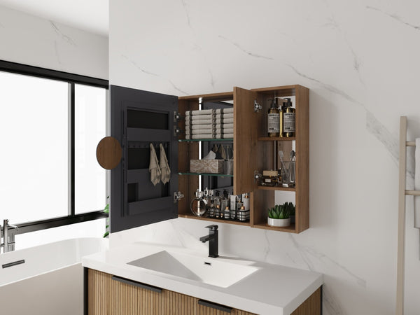 English Elm 41.7 Inch Wall Mounted Bathroom Mirror Cabinet with Soft Close Doors and Plywood Storage Soft Close Door with Accessories W999S00544
