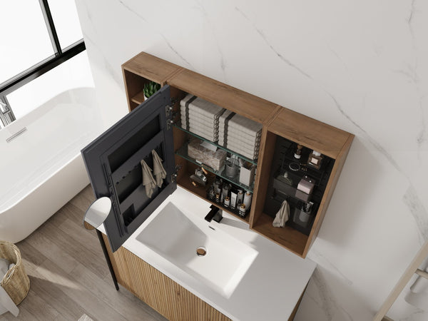 English Elm 41.7 Inch Wall Mounted Bathroom Mirror Cabinet with Soft Close Doors and Plywood Storage Soft Close Door with Accessories W999S00544