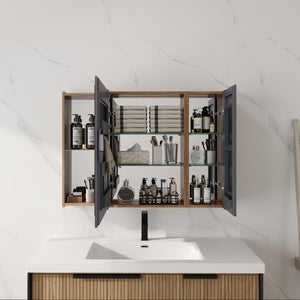 English Elm 39.4 Inch Wall Mounted Bathroom Mirror Cabinet with Soft Close Doors and Glass Shelves W999S00545