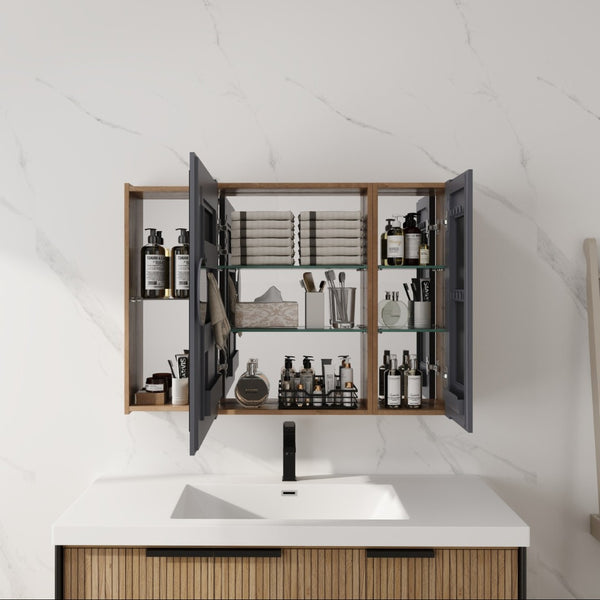 English Elm 39.4 Inch Wall Mounted Bathroom Mirror Cabinet with Soft Close Doors and Glass Shelves W999S00545