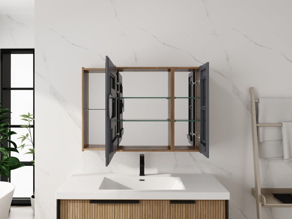 English Elm 39.4 Inch Wall Mounted Bathroom Mirror Cabinet with Soft Close Doors and Glass Shelves W999S00545