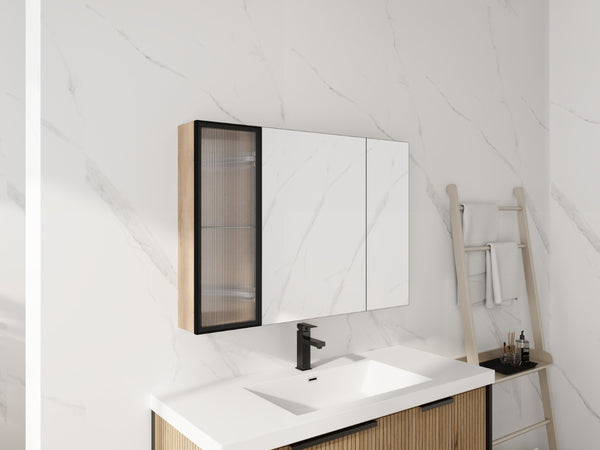 English Elm 39.4 Inch Wall Mounted Bathroom Mirror Cabinet with Soft Close Doors and Glass Shelves W999S00545