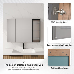 English Elm 39.4 Inch Wall Mounted Bathroom Mirror Cabinet with Soft Close Doors and Glass Shelves W999S00545