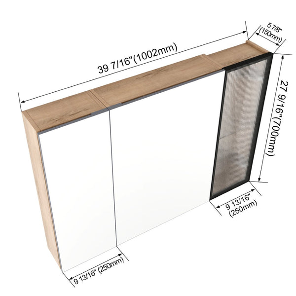 English Elm 39.4 Inch Wall Mounted Bathroom Mirror Cabinet with Soft Close Doors and Glass Shelves W999S00545