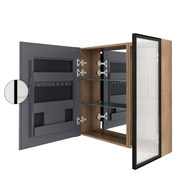 English Elm 39.4 Inch Wall Mounted Bathroom Mirror Cabinet with Soft Close Doors and Glass Shelves W999S00545