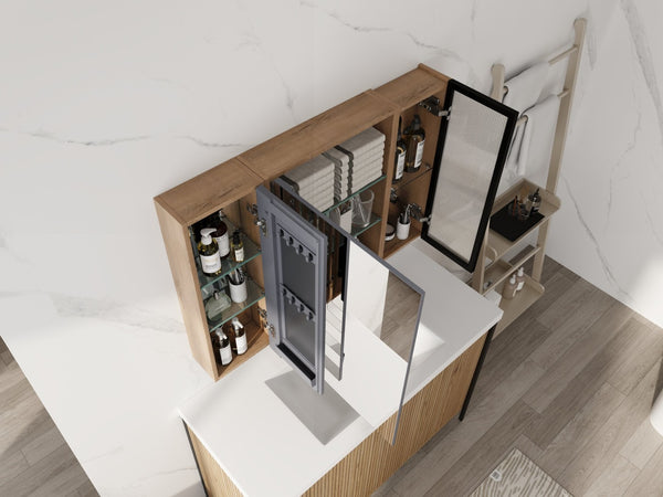 English Elm 39.4 Inch Wall Mounted Bathroom Mirror Cabinet with Soft Close Doors and Glass Shelves W999S00545
