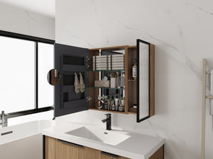 English Elm 39.4 Inch Wall Mounted Bathroom Mirror Cabinet with Soft Close Doors and Glass Shelves W999S00545