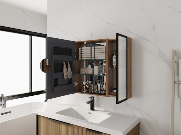 English Elm 39.4 Inch Wall Mounted Bathroom Mirror Cabinet with Soft Close Doors and Glass Shelves W999S00545