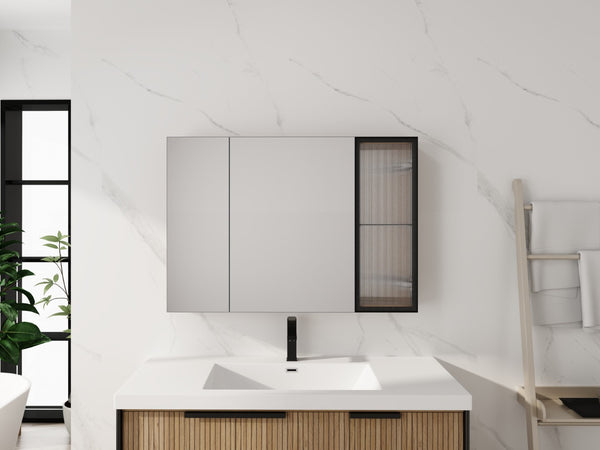 English Elm 39.4 Inch Wall Mounted Bathroom Mirror Cabinet with Soft Close Doors and Glass Shelves W999S00545