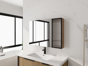 English Elm 39.4 Inch Wall Mounted Bathroom Mirror Cabinet with Soft Close Doors and Glass Shelves W999S00545