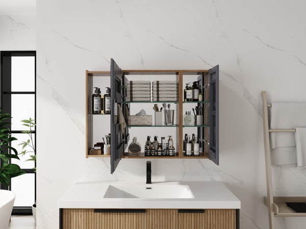 English Elm 39.4 Inch Wall Mounted Bathroom Mirror Cabinet with Soft Close Doors and Glass Shelves W999S00545