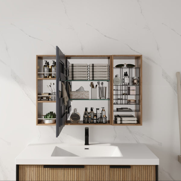 English Elm 41.4 Inch Wall Mounted Mirror Cabinet with Adjustable Shelves and Jewelry Organizer W999S00546