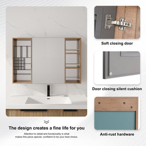 English Elm 41.4 Inch Wall Mounted Mirror Cabinet with Adjustable Shelves and Jewelry Organizer W999S00546