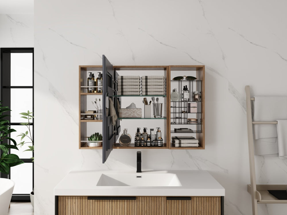 English Elm 41.4 Inch Wall Mounted Mirror Cabinet with Adjustable Shelves and Jewelry Organizer W999S00546