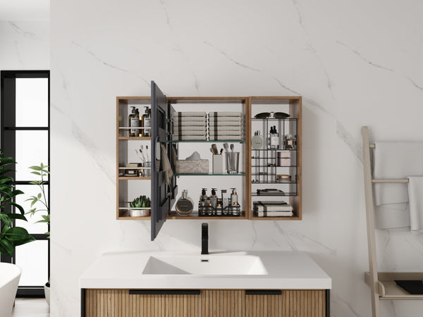 English Elm 41.4 Inch Wall Mounted Mirror Cabinet with Adjustable Shelves and Jewelry Organizer W999S00546