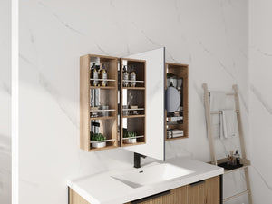 English Elm 41.4 Inch Wall Mounted Mirror Cabinet with Adjustable Shelves and Jewelry Organizer W999S00546