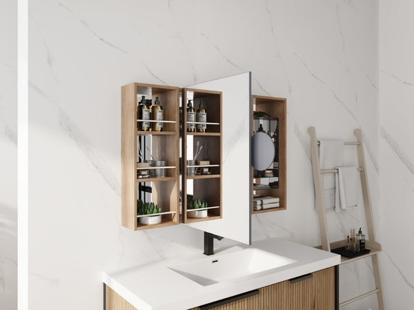English Elm 41.4 Inch Wall Mounted Mirror Cabinet with Adjustable Shelves and Jewelry Organizer W999S00546