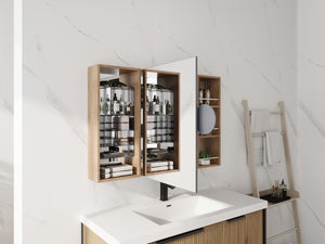 English Elm 41.4 Inch Wall Mounted Mirror Cabinet with Adjustable Shelves and Jewelry Organizer W999S00546