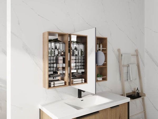 English Elm 41.4 Inch Wall Mounted Mirror Cabinet with Adjustable Shelves and Jewelry Organizer W999S00546