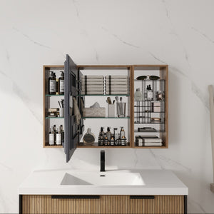 English Elm 41.4 Inch Wall Mounted Bathroom Mirror Cabinet Set with Adjustable Glass Shelves Plywood W999S00547