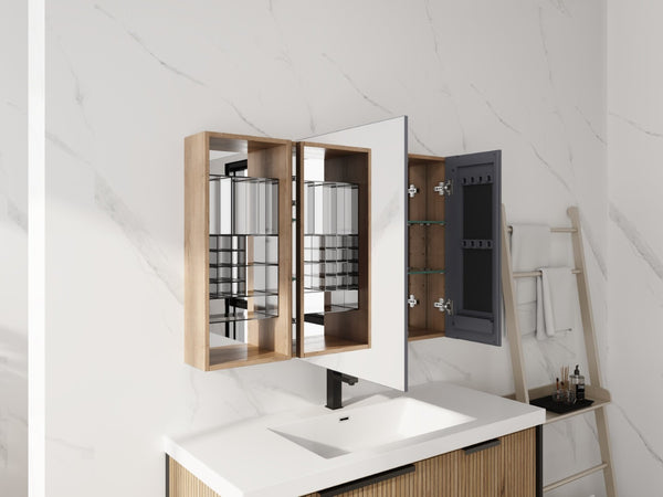 English Elm 41.4 Inch Wall Mounted Bathroom Mirror Cabinet Set with Adjustable Glass Shelves Plywood W999S00547
