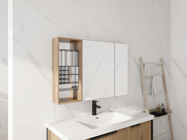 English Elm 41.4 Inch Wall Mounted Bathroom Mirror Cabinet Set with Adjustable Glass Shelves Plywood W999S00547