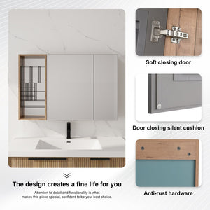 English Elm 41.4 Inch Wall Mounted Bathroom Mirror Cabinet Set with Adjustable Glass Shelves Plywood W999S00547