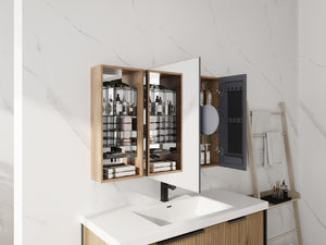 English Elm 41.4 Inch Wall Mounted Bathroom Mirror Cabinet Set with Adjustable Glass Shelves Plywood W999S00547