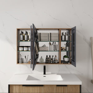 English Elm 43.4 Inch Wall Mounted Mirror Cabinet Set with Adjustable Shelves for Bathroom Storage W999S00548