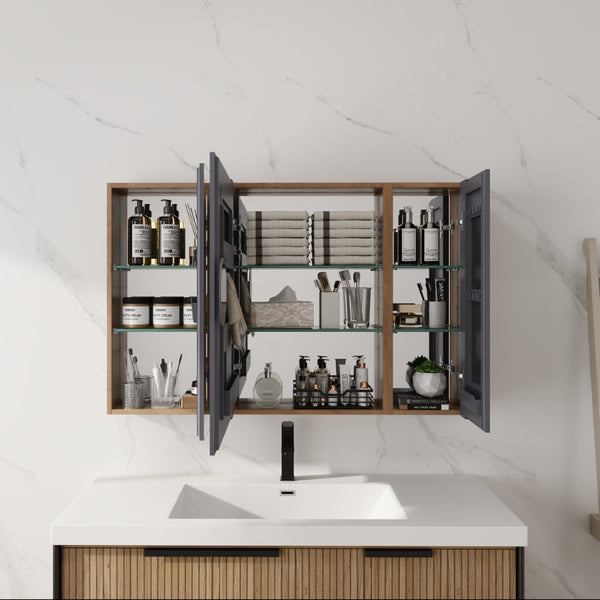 English Elm 43.4 Inch Wall Mounted Mirror Cabinet Set with Adjustable Shelves for Bathroom Storage W999S00548