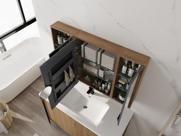 English Elm 43.4 Inch Wall Mounted Mirror Cabinet Set with Adjustable Shelves for Bathroom Storage W999S00548