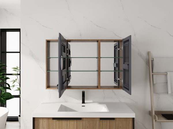 English Elm 43.4 Inch Wall Mounted Mirror Cabinet Set with Adjustable Shelves for Bathroom Storage W999S00548
