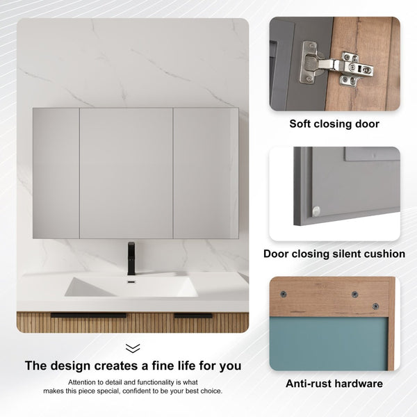 English Elm 43.4 Inch Wall Mounted Mirror Cabinet Set with Adjustable Shelves for Bathroom Storage W999S00548
