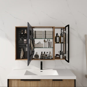 English Elm 41.7 Inch Wall Mounted Bathroom Mirror Cabinet with Soft Close Doors and Plywood Storage Mirror Door with Adjustable Glass Shelves W999S00549