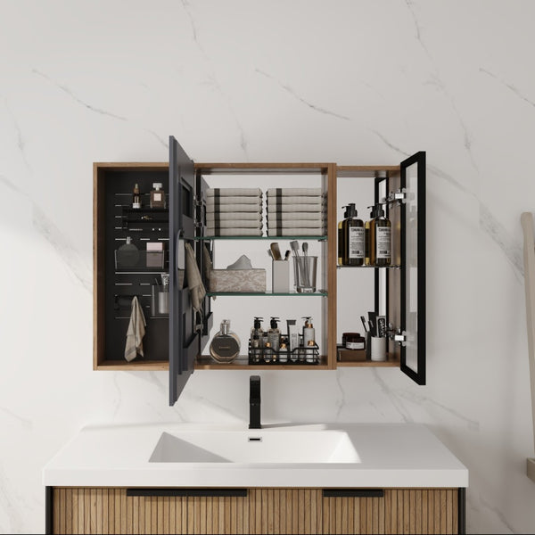 English Elm 41.7 Inch Wall Mounted Bathroom Mirror Cabinet with Soft Close Doors and Plywood Storage Mirror Door with Adjustable Glass Shelves W999S00549