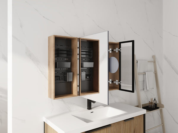 English Elm 41.7 Inch Wall Mounted Bathroom Mirror Cabinet with Soft Close Doors and Plywood Storage Mirror Door with Adjustable Glass Shelves W999S00549