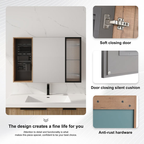 English Elm 41.7 Inch Wall Mounted Bathroom Mirror Cabinet with Soft Close Doors and Plywood Storage Mirror Door with Adjustable Glass Shelves W999S00549