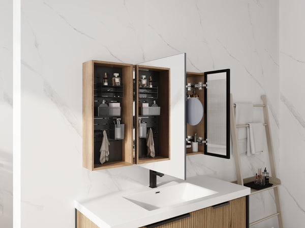English Elm 41.7 Inch Wall Mounted Bathroom Mirror Cabinet with Soft Close Doors and Plywood Storage Mirror Door with Adjustable Glass Shelves W999S00549