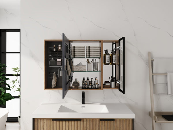 English Elm 41.7 Inch Wall Mounted Bathroom Mirror Cabinet with Soft Close Doors and Plywood Storage Mirror Door with Adjustable Glass Shelves W999S00549