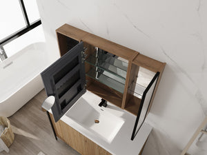 English Elm 41.7 Inch Wall Mounted Bathroom Mirror Cabinet with Soft Close Doors and Plywood Storage Mirror Door with Adjustable Glass Shelves W999S00549