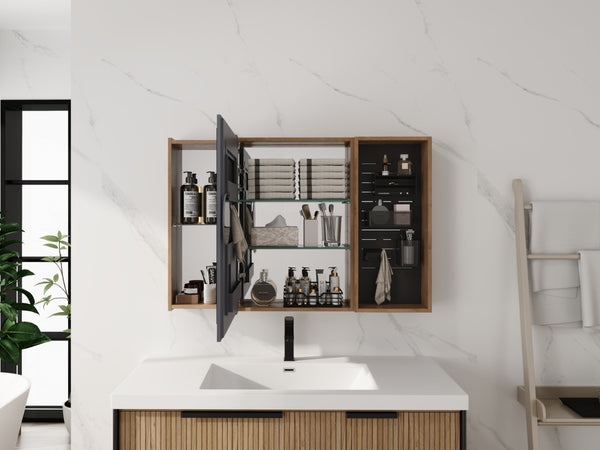 English Elm 41.7 Inch Wall Mounted Bathroom Mirror Cabinet with Soft Close Doors and Plywood Storage Mirror Door with Adjustable Glass Shelves W999S00549